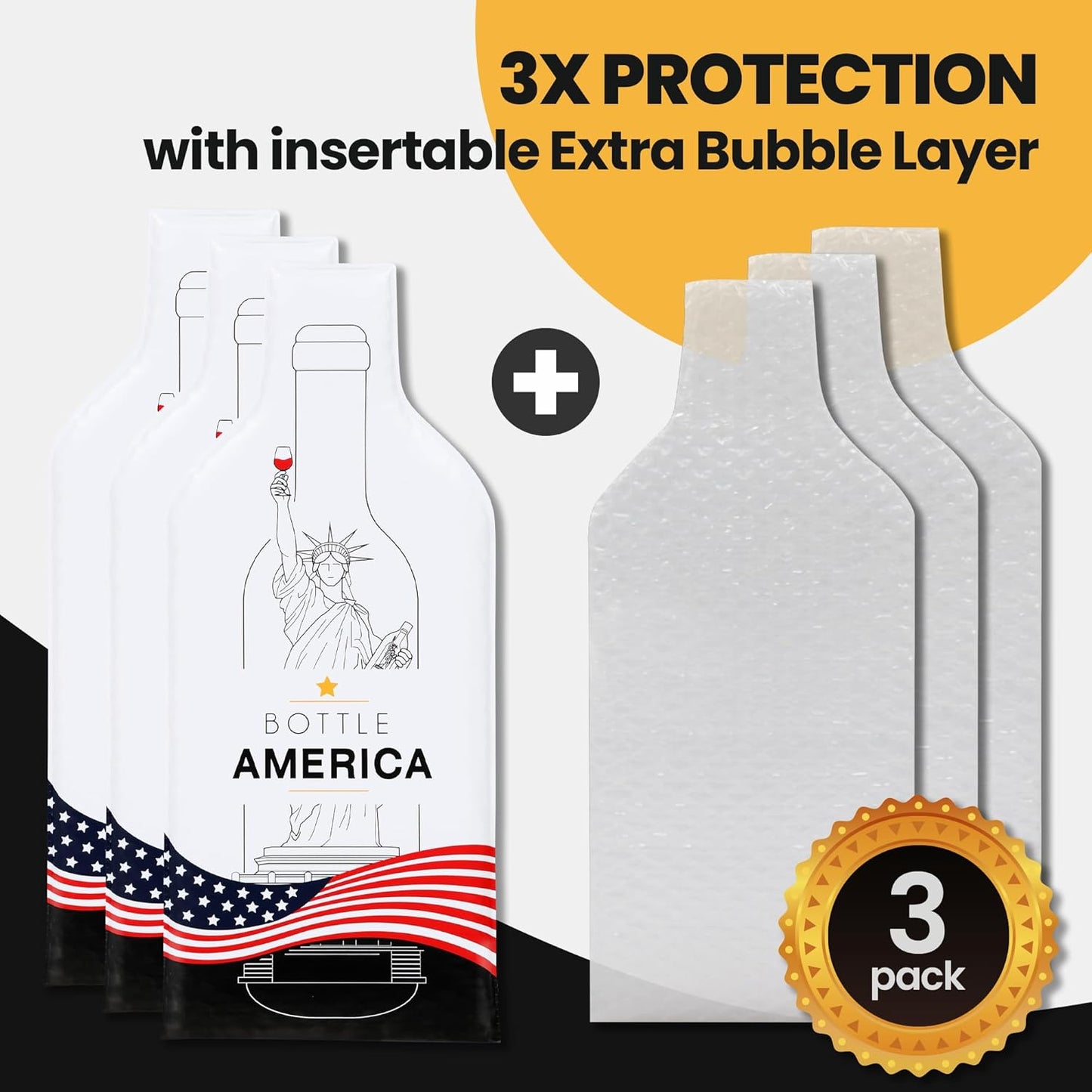 Bottle America Liberty| Reusable Wine Travel Protector Sleeves for Glass Bottles | Impact & Leak Resistant | Carrier Bag Luggage | Airplane Cruise Car | Gift Holiday Vacation Party | 3 Pack w/3 Bubble Wraps