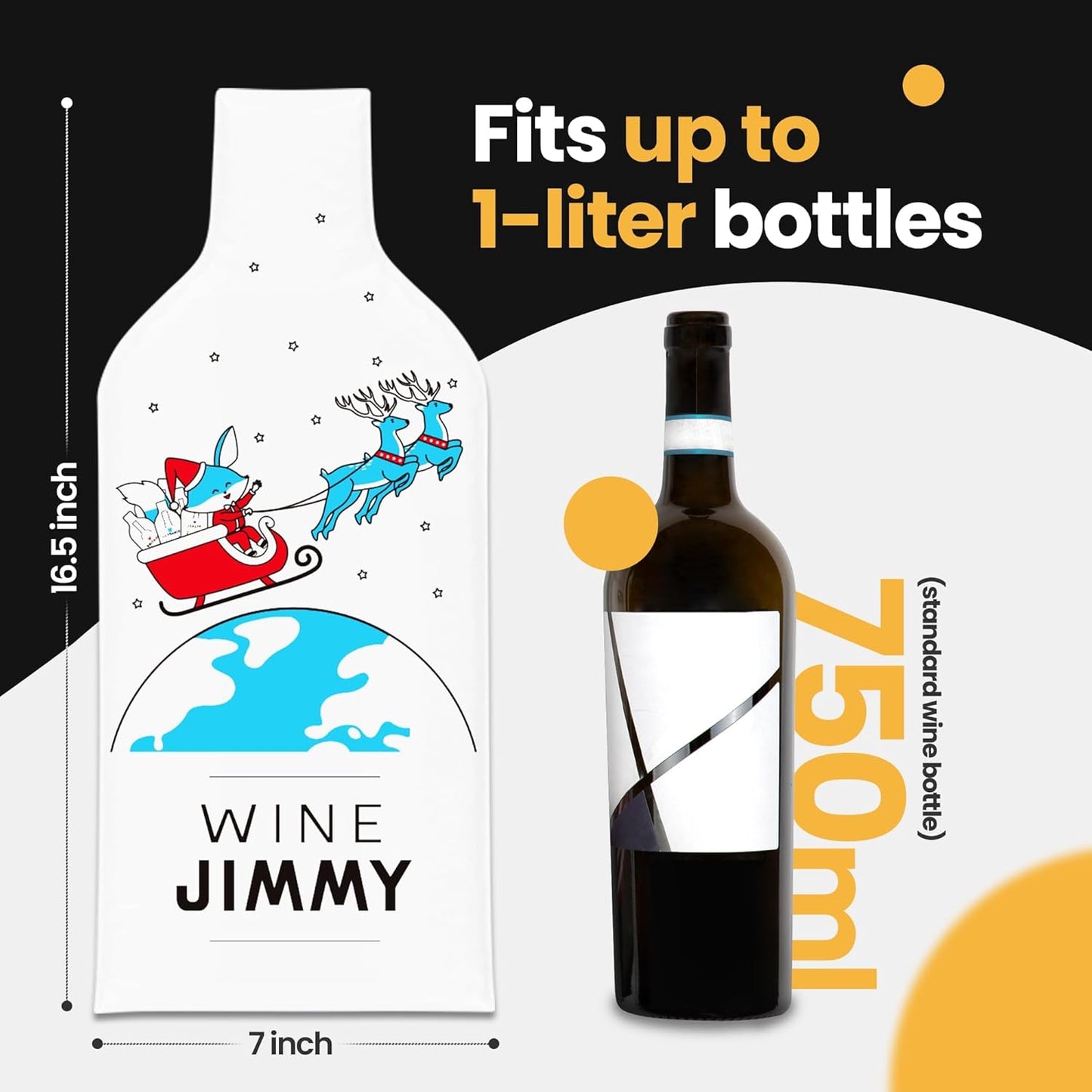 Jimmy Santa Edition| Reusable Wine Travel Protector Sleeves for Glass Bottles | Impact & Leak Resistant | Carrier Bag Luggage | Airplane Cruise Car | Gift Holiday Vacation Party | 6 Pack w/6 Bubble Wraps