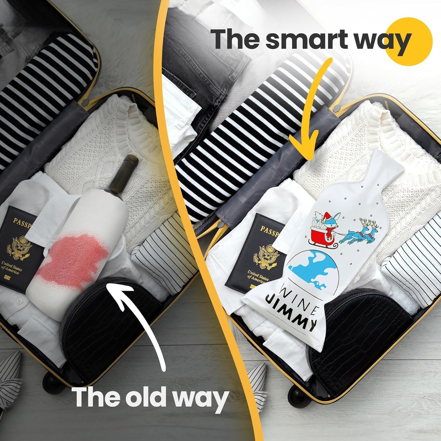 Jimmy Santa Edition| Reusable Wine Travel Protector Sleeves for Glass Bottles | Impact & Leak Resistant | Carrier Bag Luggage | Airplane Cruise Car | Gift Holiday Vacation Party | 6 Pack w/6 Bubble Wraps